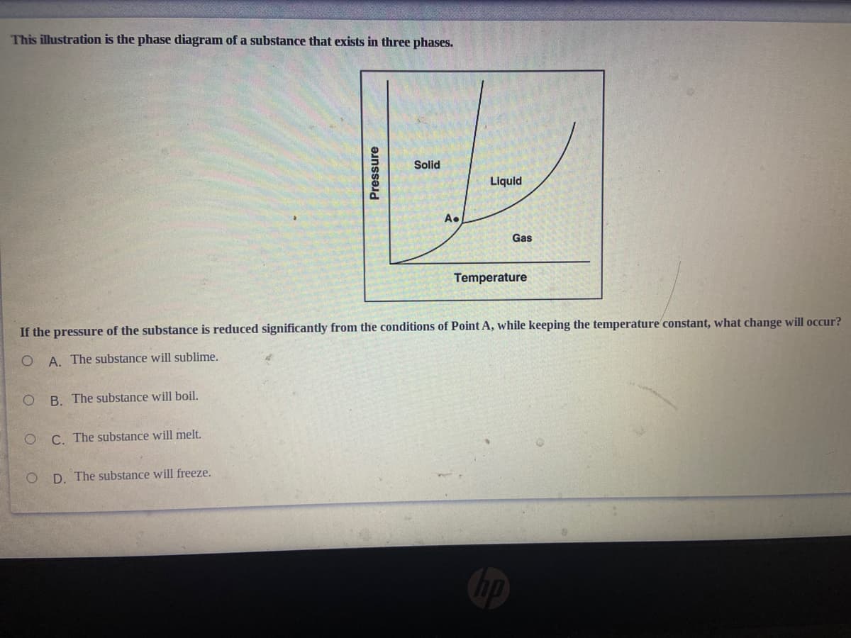 This illustration is the phase diagram of a substance that exists in three phases.
Solid
Liquid
A.
Gas
Temperature
If the pressure of the substance is reduced significantly from the conditions of Point A, while keeping the temperature constant, what change will occur?
A. The substance will sublime.
B. The substance will boil.
O C. The substance will melt.
D. The substance will freeze.
Pressure
