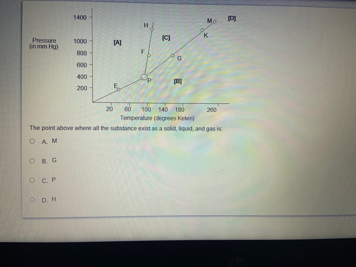 1400
[D]
Mo
H
[C]
Pressure
(in mm Hg)
1000
[A]
800
600
400
[B]
200
20
60
100
140
180
260
Temperature (degrees Kelvin)
The point above where all the substance exist as a solid, liquid, and gas is:
О А. М
о В. G
О с. Р
O D. H
