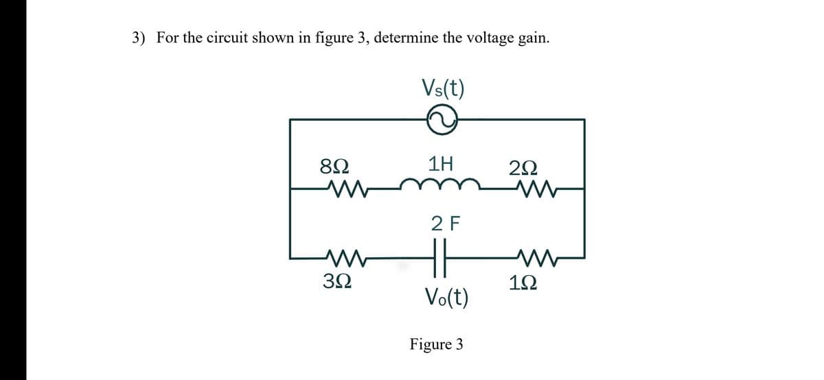 3) For the circuit shown in figure 3, determine the voltage gain.
Vs(t)
1H
2 F
3Ω
12
Vo(t)
Figure 3

