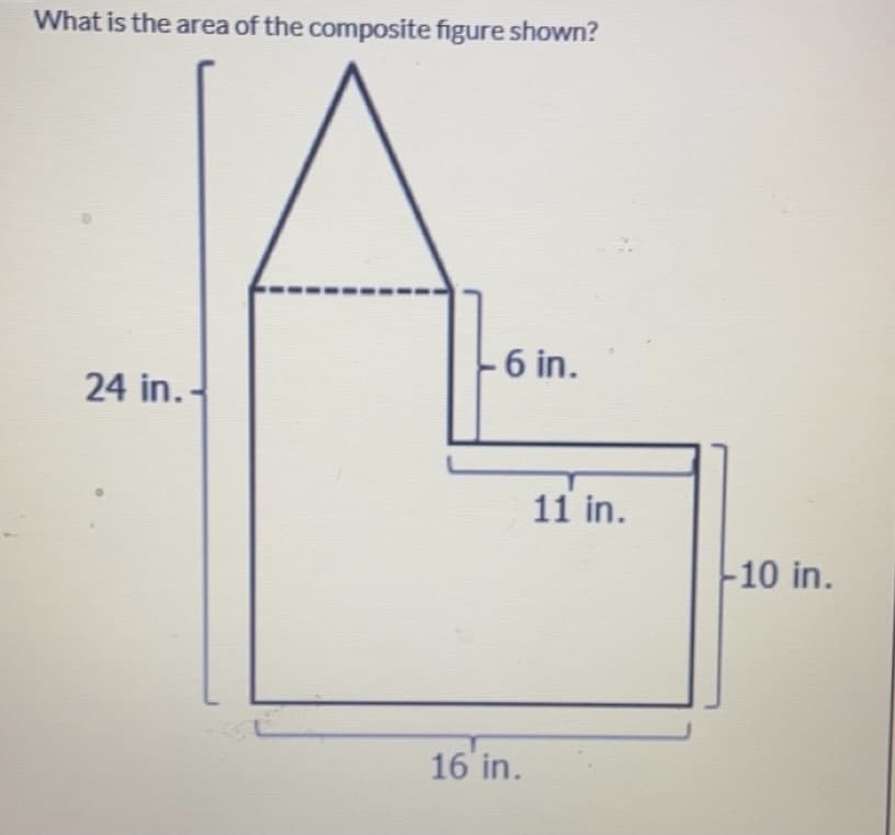 What is the area of the composite figure shown?
-6 in.
24 in.
11 in.
-10 in.
16 in.
