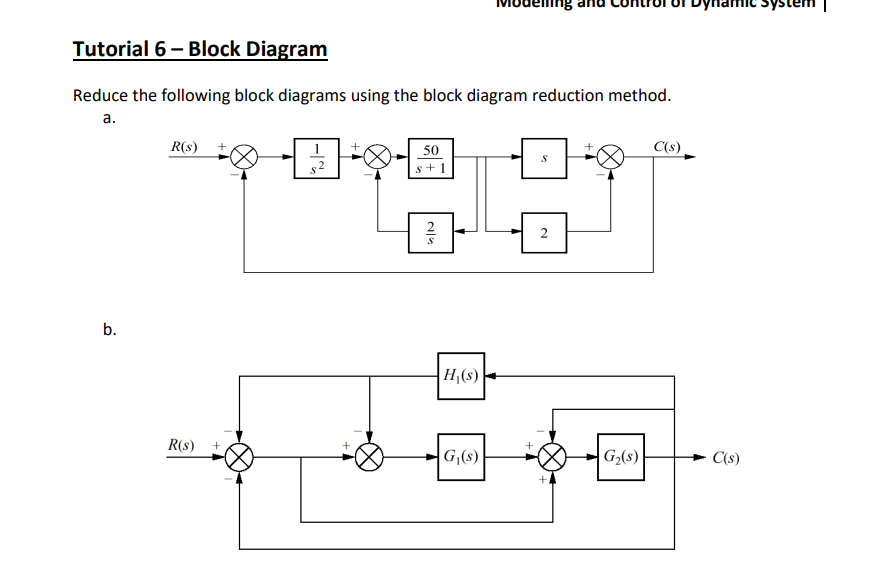 Tutorial 6-Block Diagram
Reduce the following block diagrams using the block diagram reduction method.
a.
-AA
b.
R(s) +
R(s) +
50
s+1
H₁(s)
G₁(s)
+
S
2
G₂(s)
C(s)
C(s)