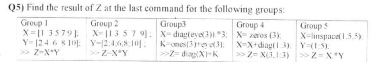 Q5) Find the result of Z at the last command for the following groups:
Group I
X= [1 3579]:
Y= [2 4 6 8 101:
>> Z=X*Y
Group 2
X= [1 3 5 7 9]:
Y=12:4:68:10]:
>> Z=X*Y
Group3
X= diag(eye(3)). *3:
K=ones(3)+eye(3):
>>Z= diag(X)+K
Group 4
X= zeros (3):
X=X+diag(1:3):
>> Z= X(3,1:3) >> Z=X*Y
Group 5
X=linspace(1.5.5);
Y=(1:5):
