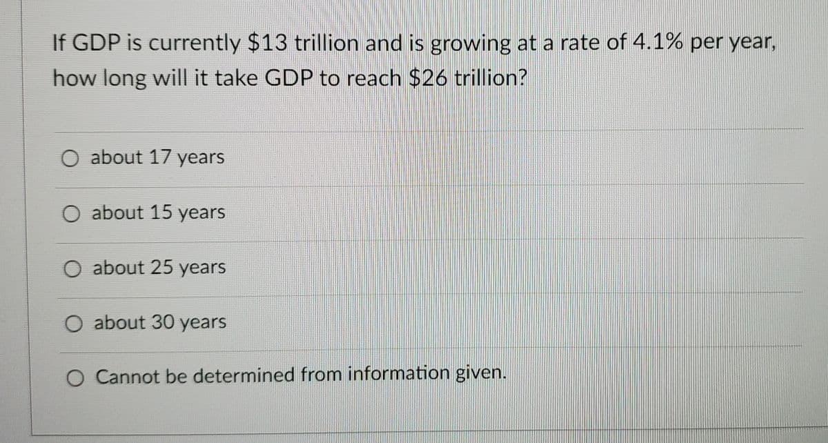 If GDP is currently $13 trillion and is growing at a rate of 4.1% per year,
how long will it take GDP to reach $26 trillion?
O about 17 years
O about 15 years
O about 25 years
O about 30 years
O Cannot be determined from information given.
