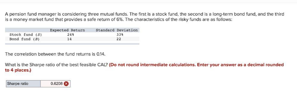 A pension fund manager is considering three mutual funds. The first is a stock fund, the second is a long-term bond fund, and the third
is a money market fund that provides a safe return of 6%. The characteristics of the risky funds are as follows:
Expected Return
248
Standard Deviation
Stock fund (S)
Bond fund (B)
338
14
22
The correlation between the fund returns is 0.14.
What is the Sharpe ratio of the best feasible CAL? (Do not round intermediate calculations. Enter your answer as a decimal rounded
to 4 places.)
Sharpe ratio
0.6208 X
