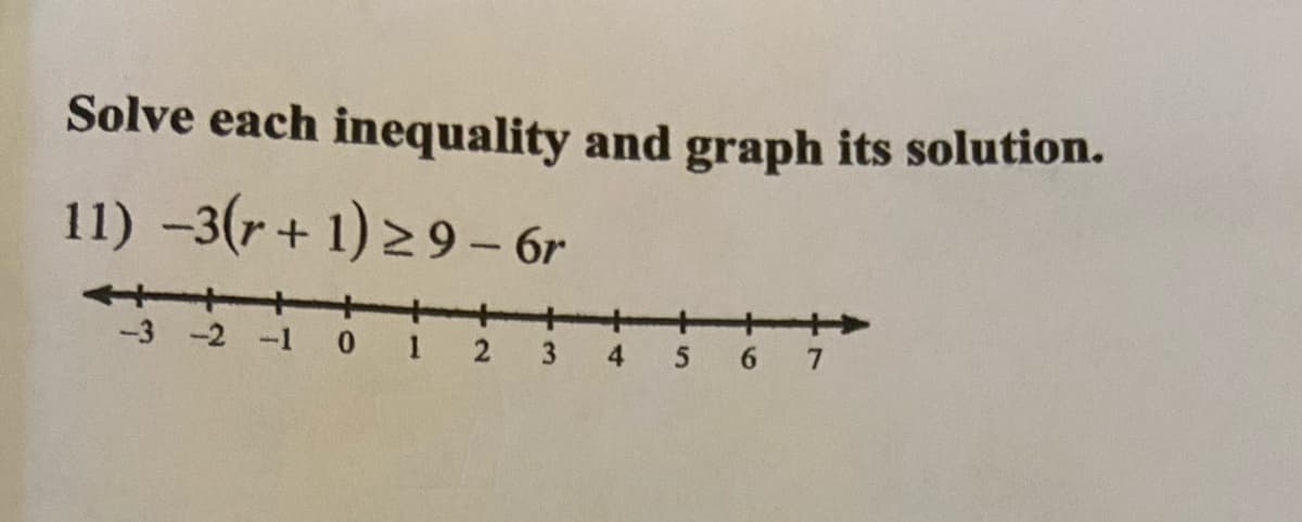 Solve each inequality and graph its solution.
11) -3(r+ 1) 29 - 6r
-3 -2 -1
3
4
6 7
