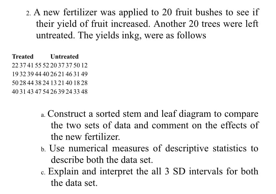 2. A new fertilizer was applied to 20 fruit bushes to see if
their yield of fruit increased. Another 20 trees were left
untreated. The yields inkg, were as follows
Treated
Untreated
22 37 41 55 52 20 37 37 50 12
19 32 39 44 40 26 21 46 31 49
50 28 44 38 24 13 21 40 18 28
40 31 43 47 54 26 39 24 33 48
a. Construct a sorted stem and leaf diagram to compare
the two sets of data and comment on the effects of
the new fertilizer.
b. Use numerical measures of descriptive statistics to
describe both the data set.
Explain and interpret the all 3 SD intervals for both
the data set.
