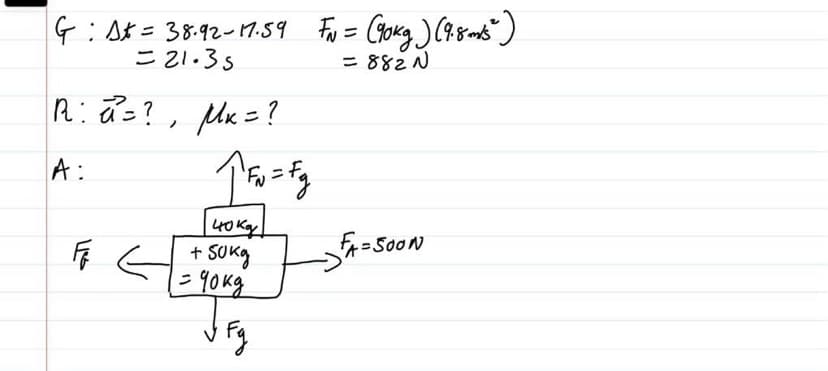 G: At = 38.92-17·59 FN = (90kg ) (9.8 m³5²)
= 21.35
= 882 N
R: a =?, MK = ?
A:
F
↑Fo=Fg
показ
+ 50kg
1 = 90kg
J Fg
FA=500N