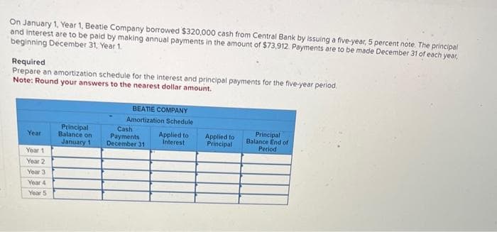 On January 1, Year 1, Beatie Company borrowed $320,000 cash from Central Bank by issuing a five-year, 5 percent note. The principal
and interest are to be paid by making annual payments in the amount of $73,912 Payments are to be made December 31 of each year,
beginning December 31, Year 1.
Required
Prepare an amortization schedule for the interest and principal payments for the five-year period.
Note: Round your answers to the nearest dollar amount.
Year
Year 1
Year 2
Year 3
Year 4
Year 5
SEL
Principal
Balance on
January 1
BEATIE COMPANY
Amortization Schedule
Cash
Payments
December 31
Applied to
Interest
Applied to
Principal
Principal
Balance End of
Period