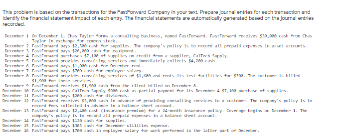 This problem is based on the transactions for the FastForward Company in your text. Prepare Journal entries for each transaction and
Identify the financial statement Impact of each entry. The financial statements are automatically generated based on the journal entries
recorded.
December 1 On December 1, Chas Taylor forms a consulting business, named FastForward. FastForward receives $30,000 cash from Chas
Taylor in exchange for common stock.
December 2 FastForward pays $2,500 cash for supplies. The company's policy is to record all prepaid expenses in asset accounts.
December 3 FastForward pays $26,000 cash for equipment.
December 4 FastForward purchases $7,100 of supplies on credit from a supplier, CalTech Supply.
December 5
FastForward provides consulting services and immediately collects $4,200 cash.
FastForward pays $1,000 cash for December rent.
December 6
December 7
FastForward pays $700 cash for employee salary.
December 8 FastForward provides consulting services of $1,600 and rents its test facilities for $300. The customer is billed
$1,980 for these services.
December 9 FastForward receives $1,980 cash from the client billed on December 8.
December 18 FastForward pays CalTech Supply $980 cash as partial payment for its December 4 $7,180 purchase of supplies.
December 11 FastForward pays $200 cash for dividends.
December 12 FastForward
receives $3,000 cash in advance of providing consulting services to a customer. The company's policy is to
record fees collected in advance in a balance sheet account.
December 13 FastForward pays $2,400 cash (insurance premium) for a 24-month insurance policy. Coverage begins on December 1. The
company's policy is to record all prepaid expenses in a balance sheet account.
December 14 FastForward pays $120 cash for supplies.
December 15
FastForward pays $385 cash for December utilities expense.
December 16 FastForward pays $700 cash in employee salary for work performed in the latter part of December.