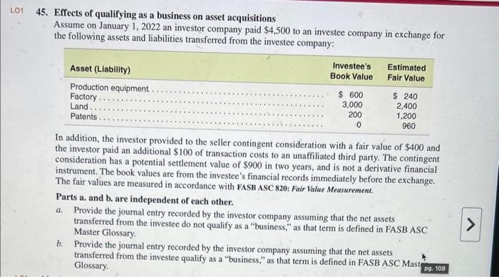 LO1 45. Effects of qualifying as a business on asset acquisitions
Assume on January 1, 2022 an investor company paid $4,500 to an investee company in exchange for
the following assets and liabilities transferred from the investee company:
Asset (Liability)
Production equipment.
Factory
Land..
Patents.
Investee's
Book Value
b.
$ 600
3,000
200
0
Estimated
Fair Value
$ 240
2,400
1,200
960
In addition, the investor provided to the seller contingent consideration with a fair value of $400 and
the investor paid an additional $100 of transaction costs to an unaffiliated third party. The contingent
consideration has a potential settlement value of $900 in two years, and is not a derivative financial
instrument. The book values are from the investee's financial records immediately before the exchange.
The fair values are measured in accordance with FASB ASC 820: Fair Value Measurement.
Parts a. and b. are independent of each other.
a.
Provide the journal entry recorded by the investor company assuming that the net assets
transferred from the investee do not qualify as a "business," as that term is defined in FASB ASC
Master Glossary.
Provide the journal entry recorded by the investor company assuming that the net assets
transferred from the investee qualify as a "business," as that term is defined in FASB ASC Maste
Glossary.
Pg. 108
>