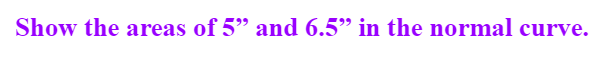 Show the areas of 5" and 6.5" in the normal curve.
