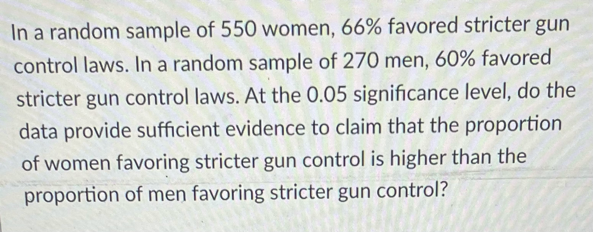 In a random sample of 550 women, 66% favored stricter gun
control laws. In a random sample of 270 men, 60% favored
stricter gun control laws. At the 0.05 significance level, do the
data provide sufficient evidence to claim that the proportion
of women favoring stricter gun control is higher than the
proportion of men favoring stricter gun control?
