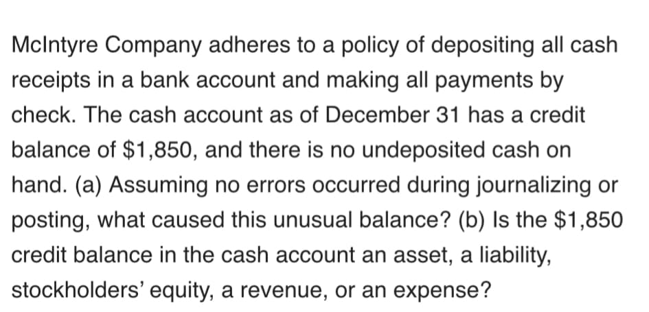hand. (a) Assuming no errors occurred during journalizing or
posting, what caused this unusual balance? (b) Is the $1,850
credit balance in the cash account an asset, a liability,
