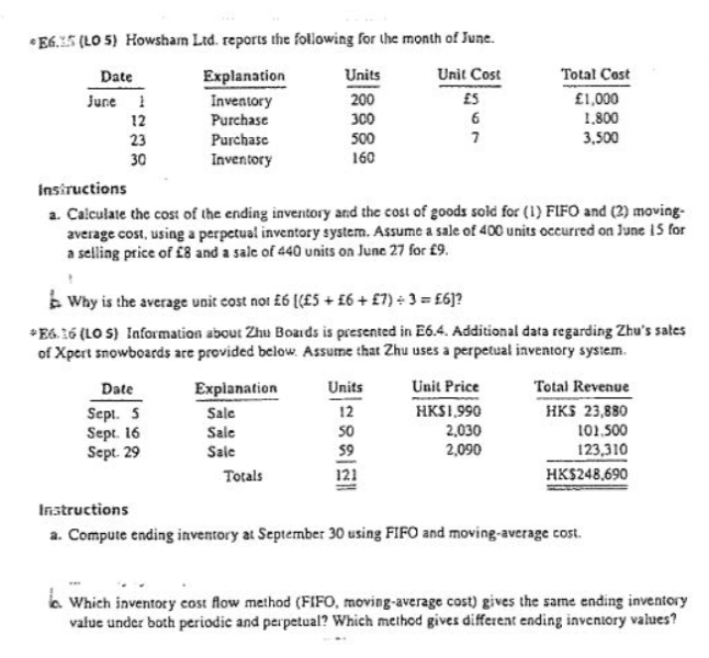 *E6.5 (LO 5) Howsham Ltd. reports the following for the month of June.
Date
Explanation
Units
Unit Cost
Total Cost
£1,000
1.800
200
£S
Inventory
Purchase
Purchase
June !
12
300
6
23
500
3,500
30
Inventory
160
insiructions
a. Calculate the cost of the ending inverntory and the cost of goods sold for (1) FIFO and (2) moving-
average cost, using a perpetual inventory system. Assume a sale of 400 units occurred on June 15 for
a selling price of £8 and a sale of 440 units on Junc 27 for £9.
E Why is the average unit cost noi £6 [(£5 + £6 + £7) ÷ 3 = £6]?
*E6. 16 (LO S) Information about Zhu Boaids is presented in E6.4. Additional data regarding Zhu's sates
of Xpert snowboards are provided below. Assume that Zhu uses a perpetual inventory system.
Date
Explanation
Units
Unit Price
Total Revenue
HKS1,990
HKS 23,880
Sept. 5
Sept. 16
Sept. 29
Sale
12
50
59
2,030
2,090
Sale
101.500
Sale
123,310
Totals
121
HK$248,690
Instructions
a. Compute ending inventory at September 30 using FIFO and moving-average cost.
a Which inventory cost flow method (FIFO, moving-average cost) gives the same ending inventory
value under both periodic and perpetual? Which method gives different ending inveniory values?
