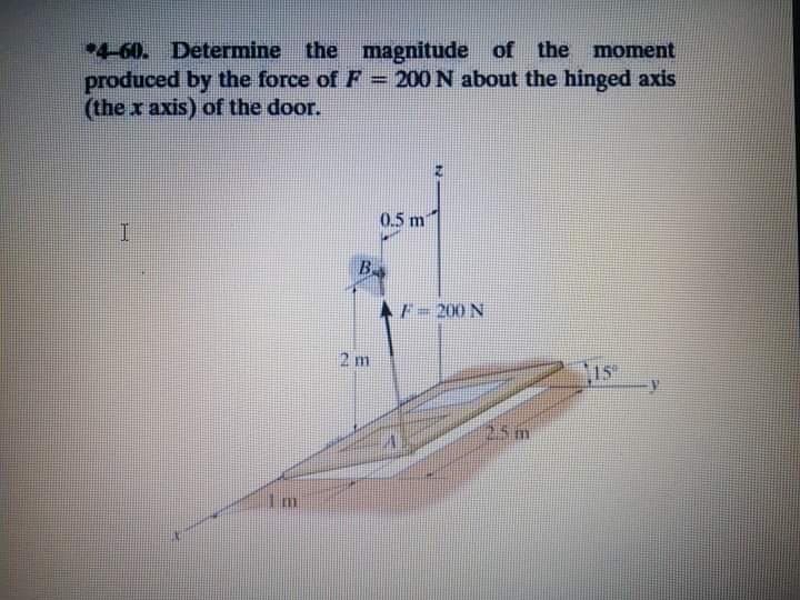 4-60. Determine the magnitude of the moment
produced by the force of F = 200 N about the hinged axis
(the x axis) of the door.
%3D
0.5 m
B.
F-200 N
2 m
15
25 m
