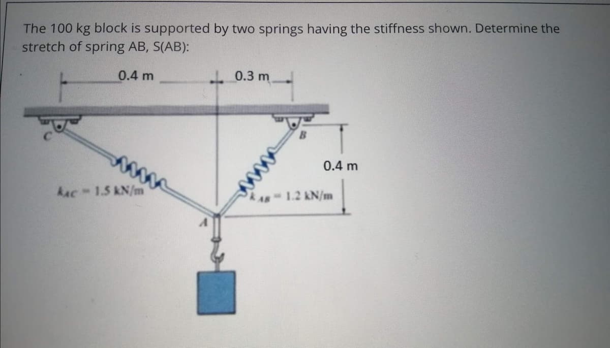 The 100 kg block is supported by two springs having the stiffness shown. Determine the
stretch of spring AB, S(AB):
0.4 m
L 0.3 m
0.4 m
AAC 1.5 kN/m
1.2 kN/m
