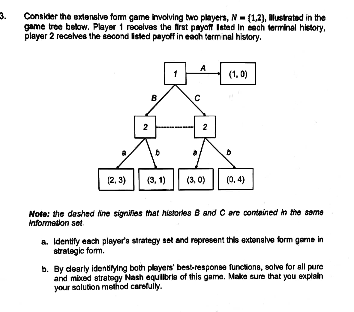 3.
Consider the extensive form game involving two players, N = {1,2}, Illustrated in the
game tree below. Player 1 receives the first payoff listed In each terminal history,
player 2 receives the second listed payoff in each terminal history.
a
(2,3)
B
1
a
A
2
(1,0)
(3, 1) (3, 0) (0,4)
Note: the dashed line signifies that histories B and C are contained in the same
information set.
a. Identify each player's strategy set and represent this extensive form game in
strategic form.
b. By clearly identifying both players' best-response functions, solve for all pure
and mixed strategy Nash equilibria of this game. Make sure that you explain
your solution method carefully.