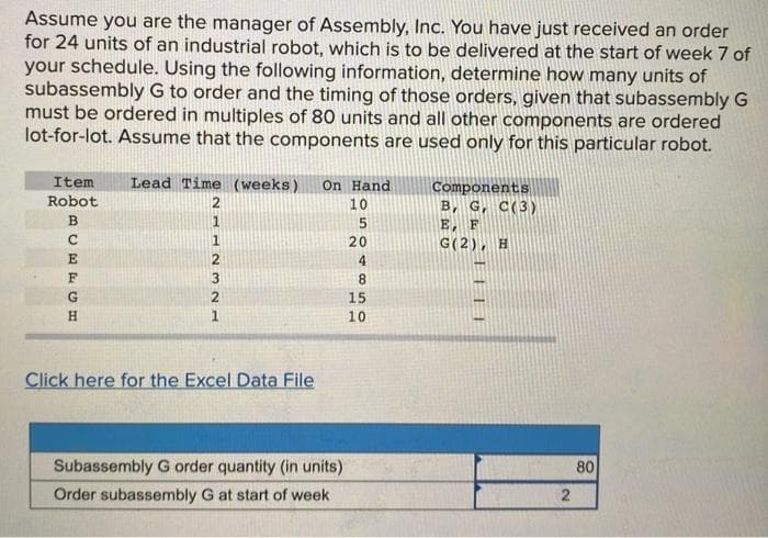 Assume you are the manager of Assembly, Inc. You have just received an order
for 24 units of an industrial robot, which is to be delivered at the start of week 7 of
your schedule. Using the following information, determine how many units of
subassembly G to order and the timing of those orders, given that subassembly G
must be ordered in multiples of 80 units and all other components are ordered
lot-for-lot. Assume that the components are used only for this particular robot.
Item
Robot
B
с
CBECE
F
G
H
Lead Time (weeks) On Hand
10
5
20
2
1
1
2
3
2
1
Click here for the Excel Data File
Subassembly G order quantity (in units)
Order subassembly G at start of week
4
HA
850
15
10
о
Components
B, G, C(3)
E, F
G(2), H
LIFE
2
80