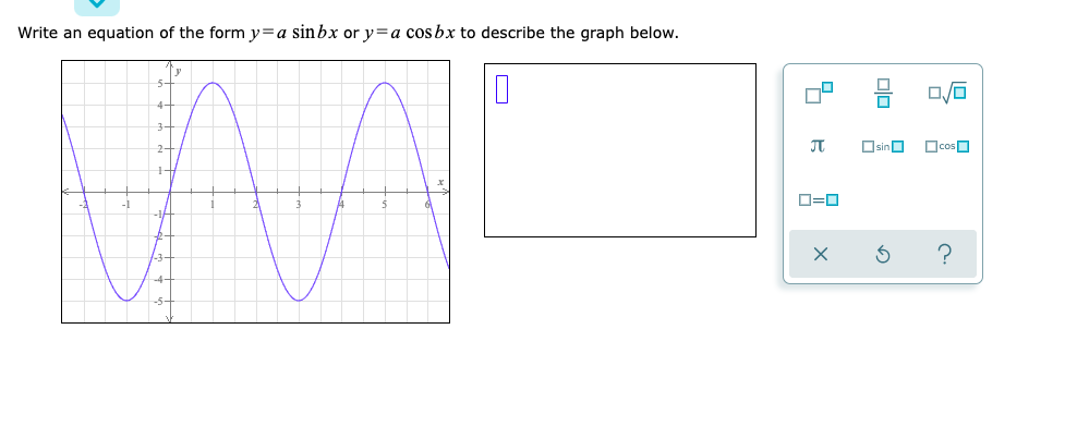 Write an equation of the form y=a sinbx or y=a cosbx to describe the graph below.
3-
OsinO
OcosO
2-
D=0
