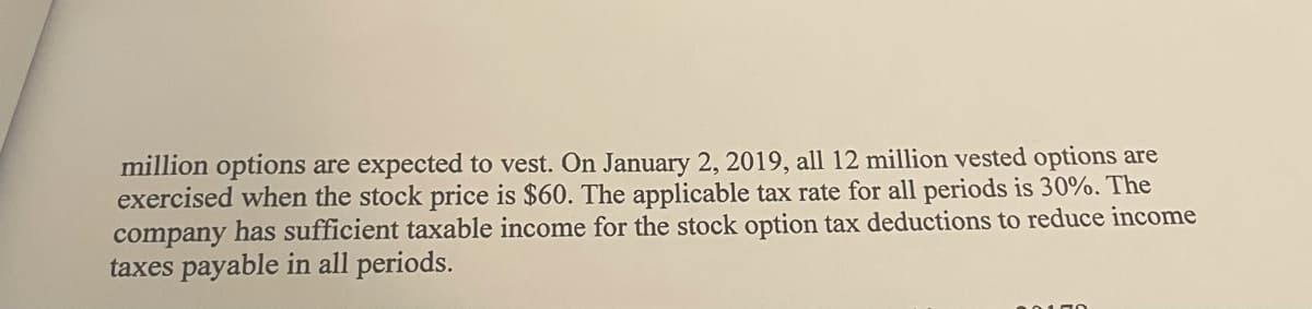 million options are expected to vest. On January 2, 2019, all 12 million vested options are
exercised when the stock price is $60. The applicable tax rate for all periods is 30%. The
company has sufficient taxable income for the stock option tax deductions to reduce income
taxes payable in all periods.
