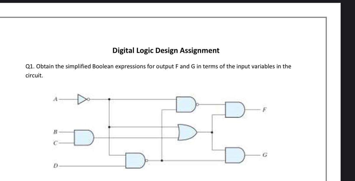 Digital Logic Design Assignment
Q1. Obtain the simplified Boolean expressions for output F and G in terms of the input variables in the
circuit.
8