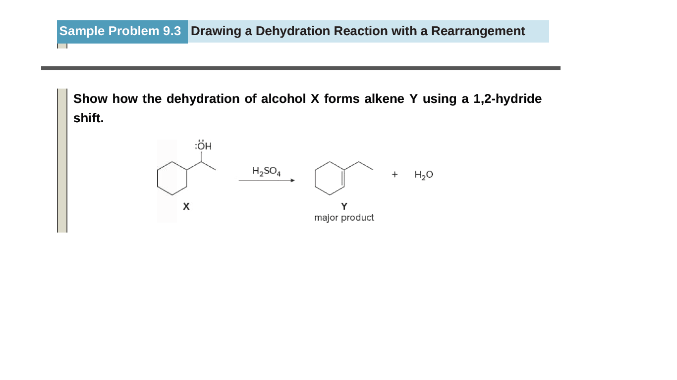 Sample Problem 9.3 Drawing a Dehydration Reaction with a Rearrangement
Show how the dehydration of alcohol X forms alkene Y using a 1,2-hydride
shift.
:ÖH
H2SO4
H20
major product
