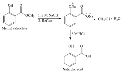 ONa
OCH, 1.2 M NAOH
2. Reflux
ONa
CH;OH • H,0
Methyl salicylate
6 М НC
HO.
Salicylic acid
