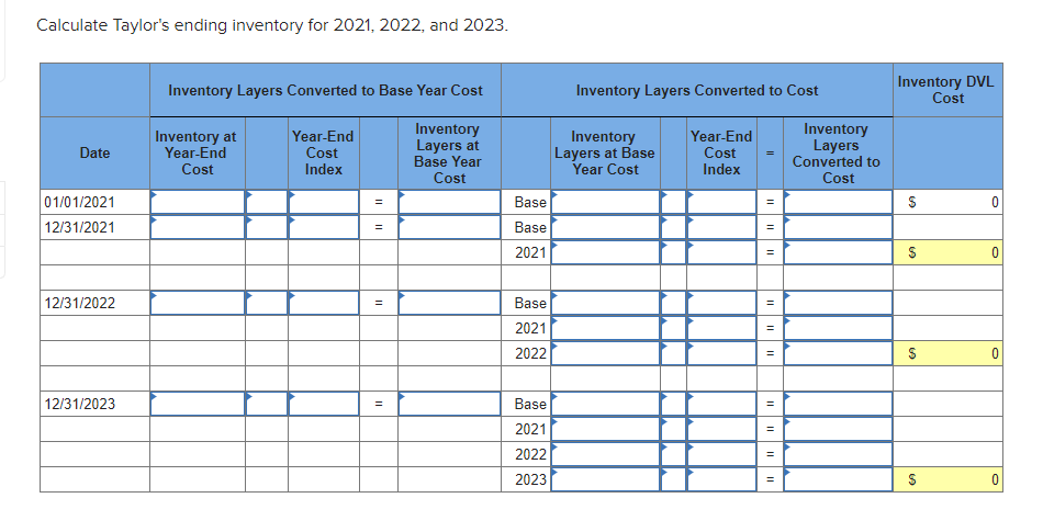 Calculate Taylor's ending inventory for 2021, 2022, and 2023.
Inventory Layers Converted to Cost
Inventory DVL
Cost
Inventory Layers Converted to Base Year Cost
Inventory
Layers at
Base Year
Cost
Inventory
Layers
Converted to
Inventory at
Year-End
Year-End
Cost
Index
Inventory
Layers at Base
Year Cost
Year-End
Cost
Index
Date
Cost
Cost
01/01/2021
12/31/2021
Base
Base
2021
12/31/2022
Base
=
2021
2022
12/31/2023
Base
2021
2022
2023
%24
%24
%24
I| ||
