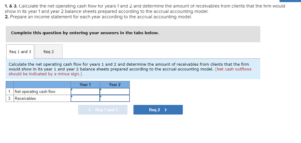 1. & 3. Calculate the net operating cash flow for years 1 and 2 and determine the amount of receivables trom clients that the firm would
show in its year 1 and year 2 balance sheets prepared according to the accrual accounting model.
2. Prepare an income statement for each year according to the accrual accounting model.
Complete this question by entering your answers in the tabs below.
Reg 1 and 3
Reg 2
Calculate the net operating cash flow for years 1 and 2 and determine the amount of receivables from clients that the firm
would show in its year 1 and year 2 balance sheets prepared according to the accrual accounting model. (Net cash outflows
should be indicated by a minus sign.)
Year 1
Year 2
1. Net operating cash flow
3. Receivables
< Req 1 and 3
Req 2 >

