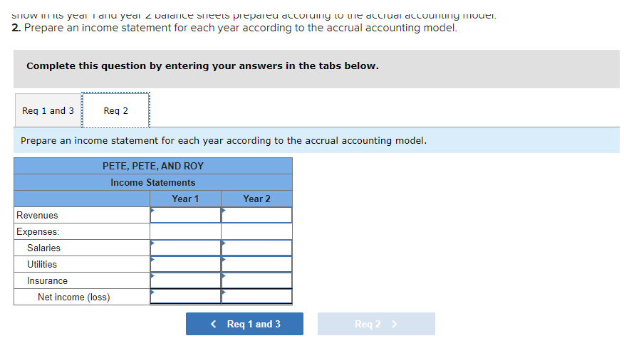 SITOW II Is yeai I dliu yeai z waldlice Siieets prepareu accoTUny w uie acciudi accuuiuny mouei.
2. Prepare an income statement for each year according to the accrual accounting model.
Complete this question by entering your answers in the tabs below.
Reg 1 and 3
Reg 2
Prepare an income statement for each year according to the accrual accounting model.
PETE, PETE, AND ROY
Income Statements
Year 1
Year 2
Revenues
Expenses:
Salaries
Utilities
Insurance
Net income (loss)
< Req 1 and 3
Req 2 >
