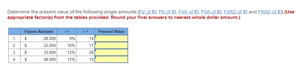 Determine the present value of the following single amounts (FV of $1, PV of $1, FVA of $1, PVA of $1, FVAD of $1 and PVAD of $1) (Use
appropriate factor(s) from the tables provided. Round your final answers to nearest whole dollar amount.):
Future Amount
n =
Present Value
1
$
28,000
9%
14
2.
22,000
10%
17
3.
$
33,000
12%
28
4.
$
48,000
11%
13
