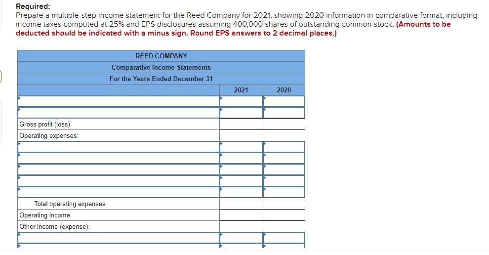 Required:
Prepare a multiple-step income statement for the Reed Company for 2021, showing 2020 information in comparative format, including
income taxes computed at 25% and EPS disclosures assuming 400,000 shares of outstanding common stock. (Amounts to be
deducted should be indicated with a minus sign. Round EPS answers to 2 decimal places.)
REED COMPANY
Comparative Income Statements
For the Years Ended December 31
2021
2020
Gross profit (loss)
Operating expenses:
Total operating expenses
Operating income
Other income (expense):
