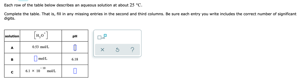 Each row of the table below describes an aqueous solution at about 25 °C.
Complete the table. That is, fill in any missing entries in the second and third columns. Be sure each entry you write includes the correct number of significant
digits.
[H,0']
solution
pH
x10
A
0.53 mol/L
В
||mol/L
6.18
- 10
mol/L
6.1 X 10
