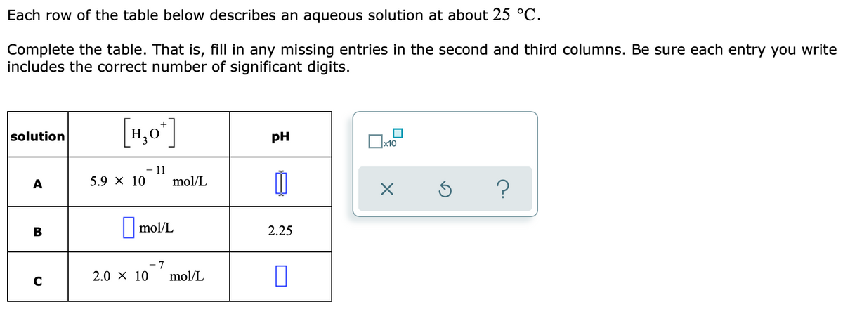 Each row of the table below describes an aqueous solution at about 25 °C.
Complete the table. That is, fill in any missing entries in the second and third columns. Be sure each entry you write
includes the correct number of significant digits.
[1,0']
solution
pH
x10
11
A
5.9 X 10
mol/L
В
||mol/L
2.25
7
2.0 x 10
mol/L
