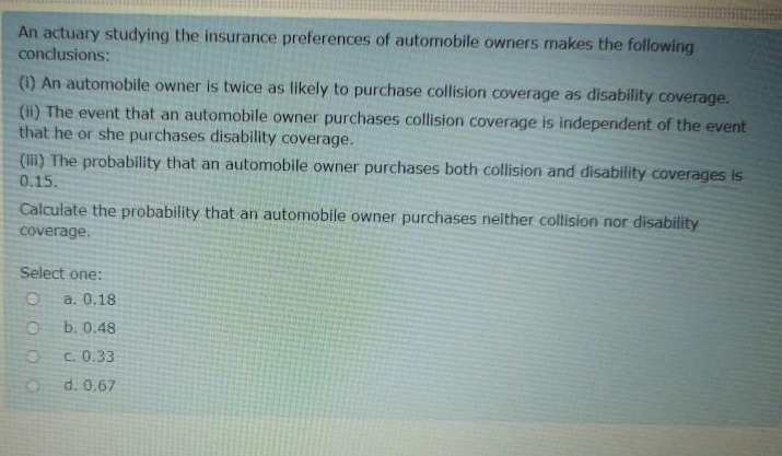 An actuary studying the insurance preferences of automobile owners makes the following
conclusions:
(1) An automobile owner is twice as likely to purchase collision coverage as disability coverage.
(ii) The event that an automobile owner purchases collision coverage is independent of the event
that he or she purchases disability coverage.
(lii) The probability that an automobile owner purchases both collision and disability coverages is
0.15.
Calculate the probability that an automobile owner purchases neither collision nor disability
coverage.
Select one:
a. 0.18
b. 0.48
C. 0.33
d. 0.67
