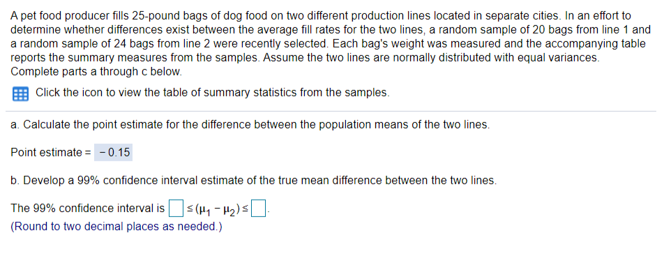 A pet food producer fills 25-pound bags of dog food on two different production lines located in separate cities. In an effort to
determine whether differences exist between the average fill rates for the two lines, a random sample of 20 bags from line 1 and
a random sample of 24 bags from line 2 were recently selected. Each bag's weight was measured and the accompanying table
reports the summary measures from the samples. Assume the two lines are normally distributed with equal variances.
Complete parts a through c below.
Click the icon to view the table of summary statistics from the samples.
a. Calculate the point estimate for the difference between the population means of the two lines.
Point estimate = -0.15
b. Develop a 99% confidence interval estimate of the true mean difference between the two lines.
The 99% confidence interval is s(H, - H2)s-
|5(71 - hH1) 5 |
(Round to two decimal places as needed.)
