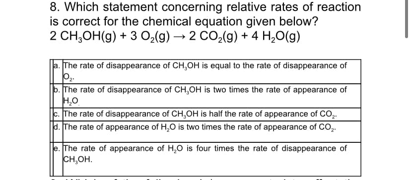 8. Which statement concerning relative rates of reaction
is correct for the chemical equation given below?
2 CH,OH(g) + 3 0,(g) → 2 CO2(g) + 4 H,0(g)
a. The rate of disappearance of CH,OH is equal to the rate of disappearance of
02.
b. The rate of disappearance of CH,OH is two times the rate of appearance of
H,0
|c. The rate of disappearance of CH,OH is half the rate of appearance of CO,.
|d. The rate of appearance of H,0 is two times the rate of appearance of CO,.
e. The rate of appearance of H,0 is four times the rate of disappearance of
CH,OH.
