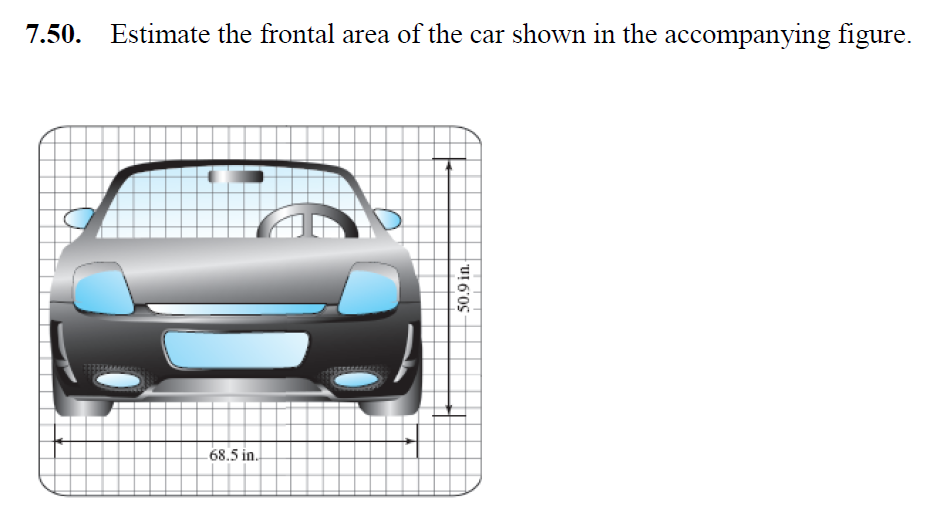 Estimate the frontal area of the car shown in the accompanying figure
7.50.
68.5 in
50.9 in
