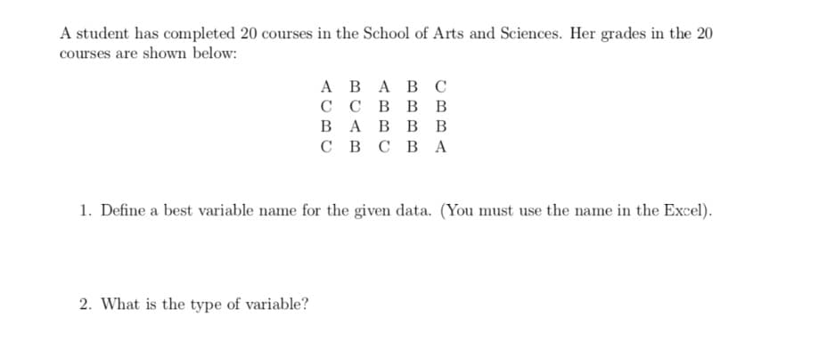 A student has completed 20 courses in the School of Arts and Sciences. Her grades in the 20
courses are shown below:
A B A B C
ссввв
ВАВ Вв
свсв А
1. Define a best variable name for the given data. (You must use the name in the Excel).
2. What is the type of variable?
