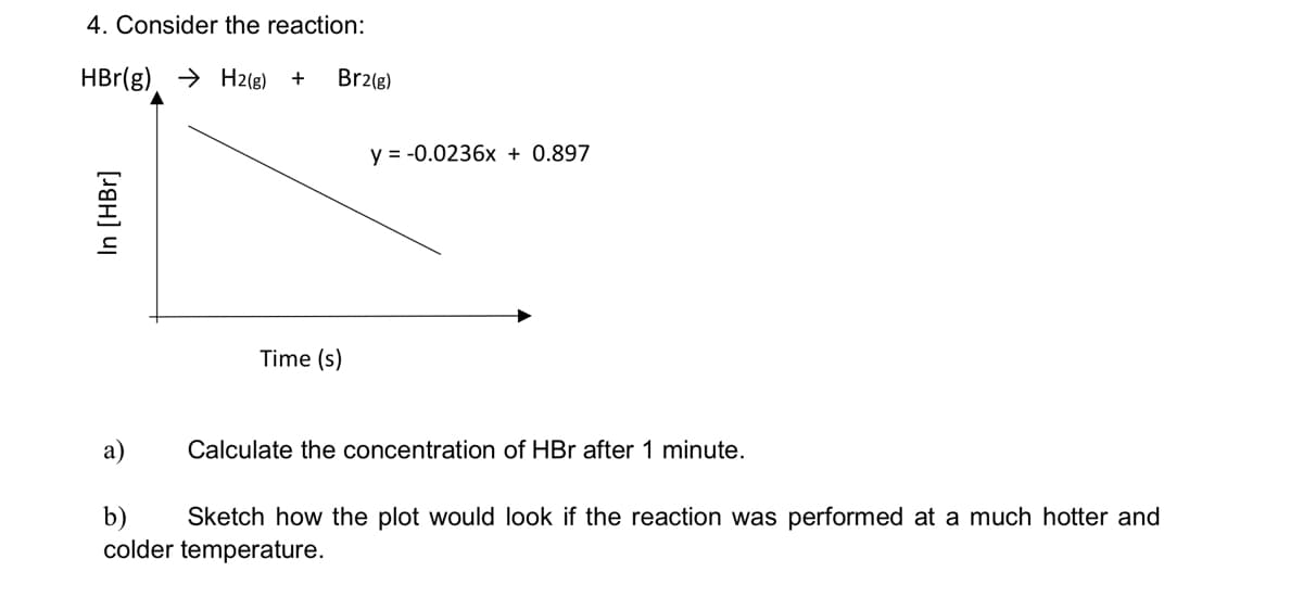 4. Consider the reaction:
HBr(g), → Hz(e) +
Br2(g)
y = -0.0236x + 0.897
Time (s)
а)
Calculate the concentration of HBr after 1 minute.
b)
colder temperature.
Sketch how the plot would look if the reaction was performed at a much hotter and
In [HBr]
