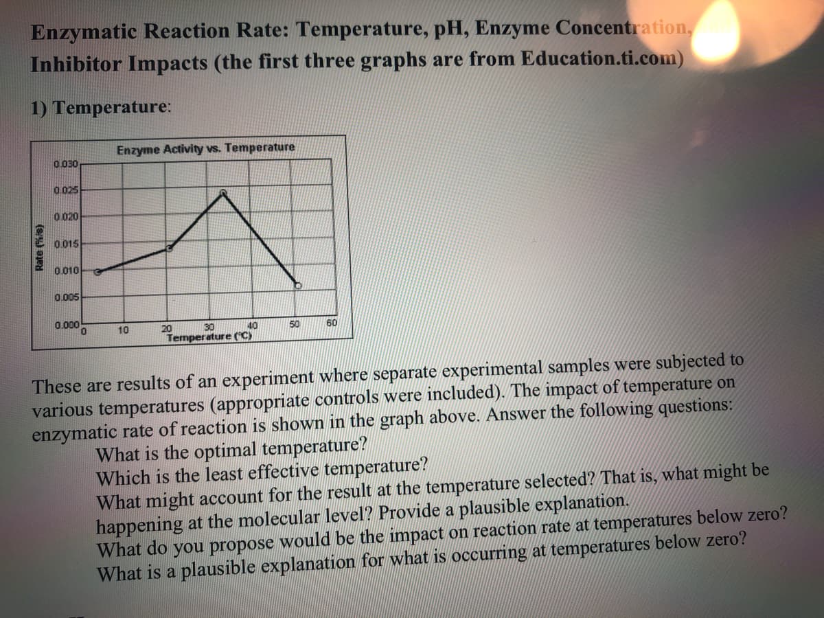 Enzymatic Reaction Rate: Temperature, pH, Enzyme Concentration,
Inhibitor Impacts (the first three graphs are from Education.ti.com)
1) Temperature:
Enzyme Activity vs. Temperature
0.030
0.025
0 020
0015
0.010 e
0.005
0.000
10
20
30
40
50
60
Temperature (C)
These are results of an experiment where separate experimental samples were subjected to
various temperatures (appropriate controls were included). The impact of temperature on
enzymatic rate of reaction is shown in the graph above. Answer the following questions:
What is the optimal temperature?
Which is the least effective temperature?
What might account for the result at the temperature selected? That is, what might be
happening at the molecular level? Provide a plausible explanation.
What do you propose would be the impact on reaction rate at temperatures below zero?
What is a plausible explanation for what is occurring at temperatures below zero?
Rate (%s)
