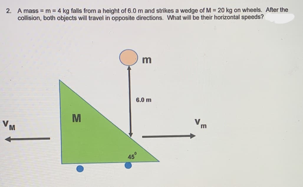 2. A mass = m = 4 kg falls from a height of 6.0 m and strikes a wedge of M = 20 kg on wheels. After the
collision, both objects will travel in opposite directions. What will be their horizontal speeds?
m
6.0 m
45
