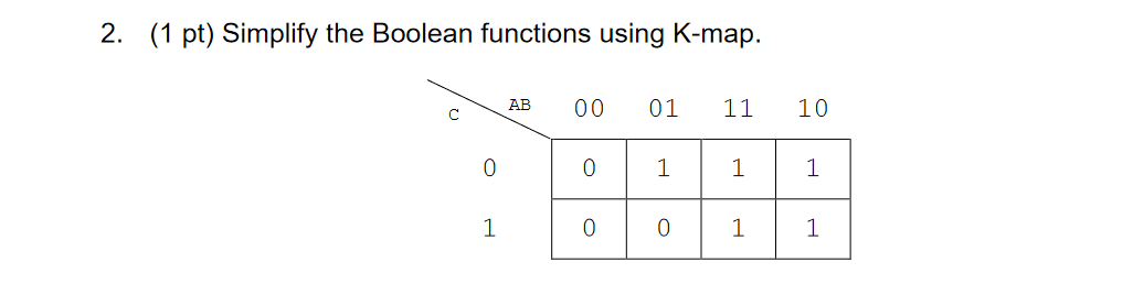 2. (1 pt) Simplify the Boolean functions using K-map.
AB
00
01
11
10
1
1
1
1
