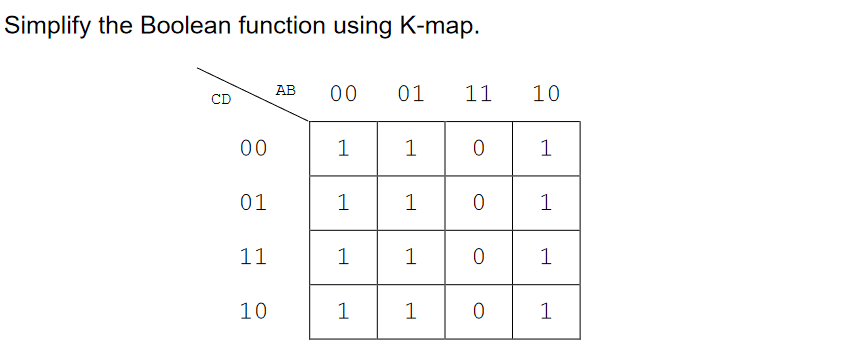 Simplify the Boolean function using K-map.
АВ
00
01
11
10
CD
00
1
1
1
01
1
1
1
11
1
1
1
10
1
1
