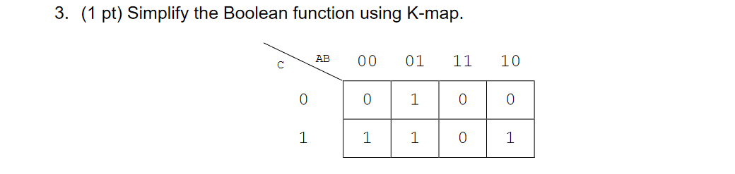 3. (1 pt) Simplify the Boolean function using K-map.
AB
00
01
11
10
1
1
1
1

