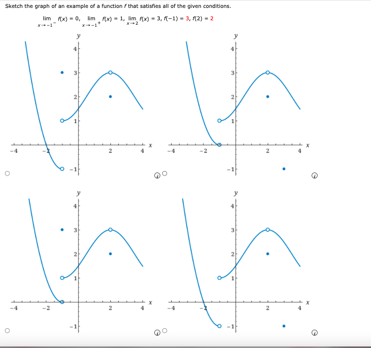 Sketch the graph of an example of a function f that satisfies all of the given conditions.
lim f(x) = 0, lim f(x) = 1, lim f(x) = 3, -1) = 3, f(2) = 2
x-1
+
X-1
x2
y
3
1
1
-4
2
4
-4
4
3
2
1
1
-4
-2
2
4
4
-1
