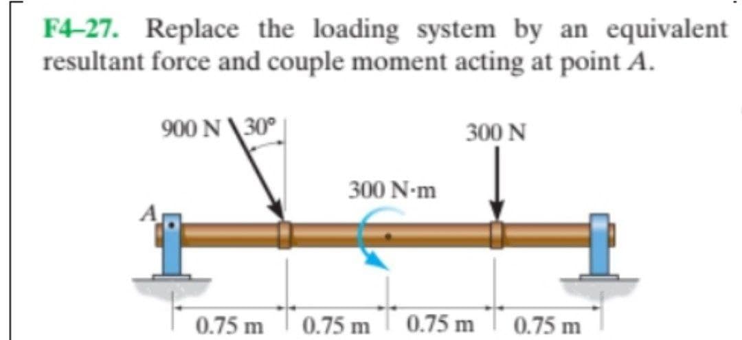 F4-27. Replace the loading system by an equivalent
resultant force and couple moment acting at point A.
900 N \30°
300 N
300 N-m
0.75 m
0.75 mT 0.75 m
0.75 m
