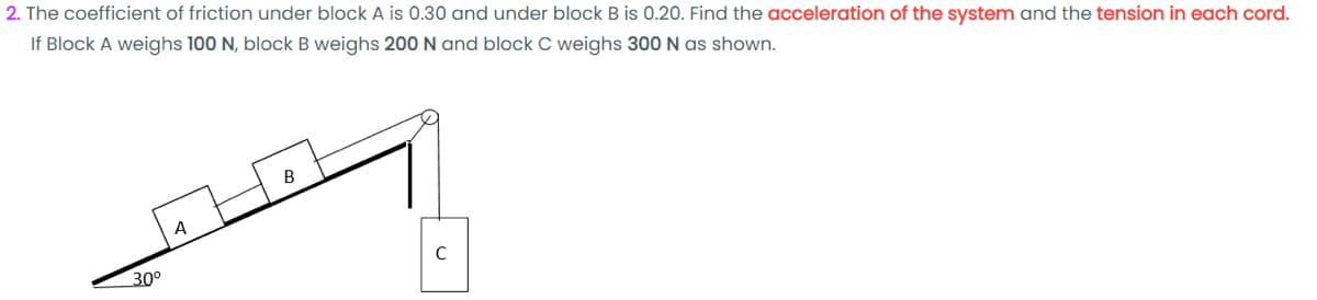 2. The coefficient of friction under block A is 0.30 and under block B is 0.20. Find the acceleration of the system and the tension in each cord.
If Block A weighs 100 N, block B weighs 200 N and block C weighs 300 N as shown.
A
30°

