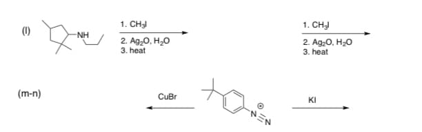 1. CH
1. CH
(1)
NH
2. Ag,0, H20
3. heat
2. Ag20, H2O
3. heat
(m-n)
CuBr
KI
