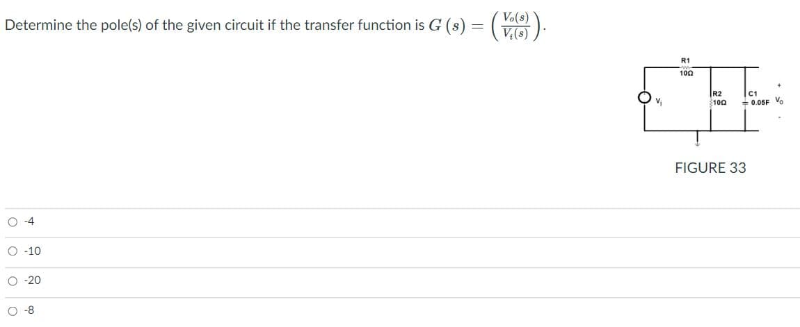 Vo(s)
Determine the pole(s) of the given circuit if the transfer function is G (s) = (te
R1
100
R2
$100
C1
V
= 0.05F Vo
FIGURE 33
O -4
O -10
O -20
-8
|oooo
